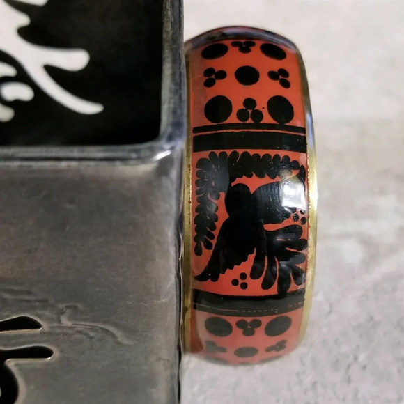 Brass India Bangle Bracelet Black Orange Red Peace Dove Olive Branch - Picture 4 of 6